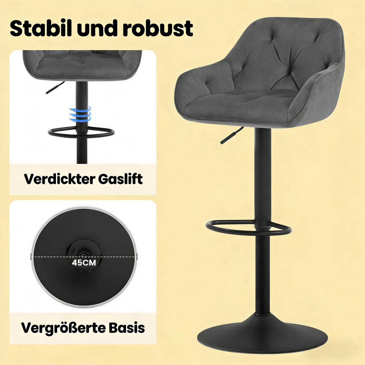 BARHOCKER 2er-Set Dunkelgrau Samt Höhenverstellbar Drehbar mit Rückenlehne - Dunkelgrau, Metall (37.5/108.5/37cm) - PANGIVO