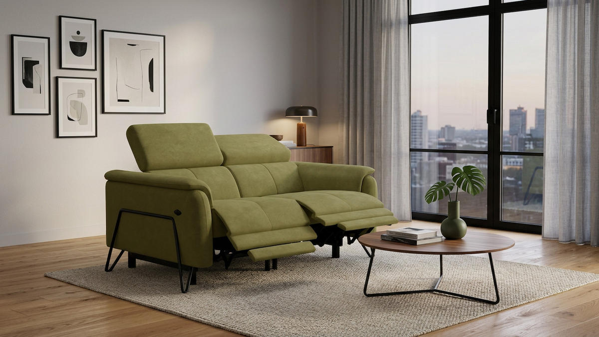 RELAXSOFA RODEN 2-Sitzer mit 2 Relax, olive, Veloursstoff - Grün, Holz/Textil (148/82/103cm) - Wozimo