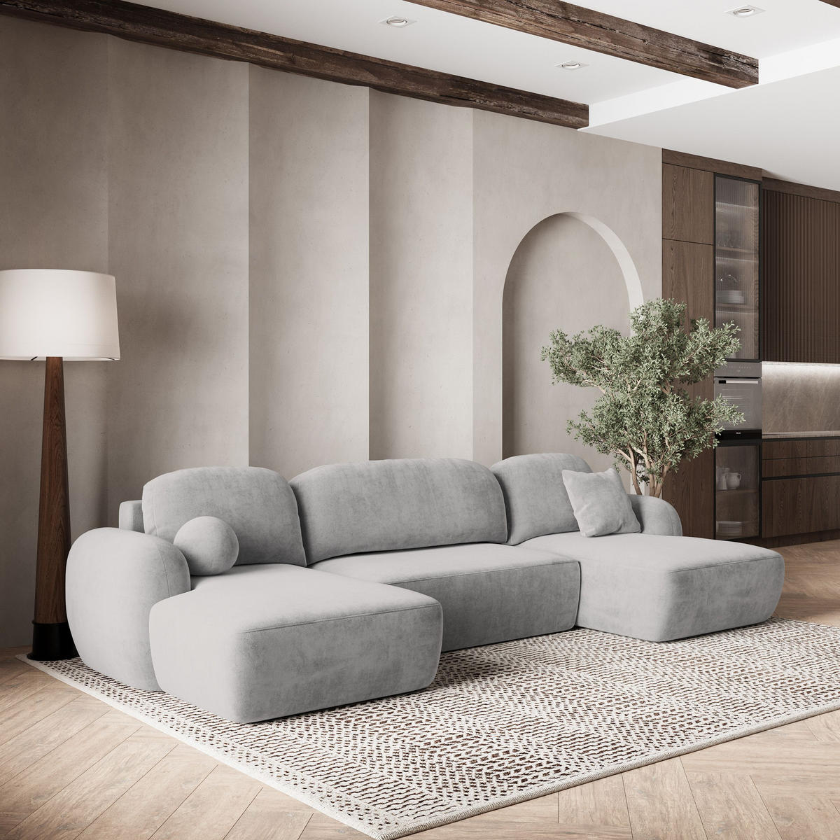 WOHNLANDSCHAFT SAVONA K Hellgrau Plüsch-Stoff mit Schlaffunktion - Hellgrau, Holz (350/90/148cm) - MASSENO