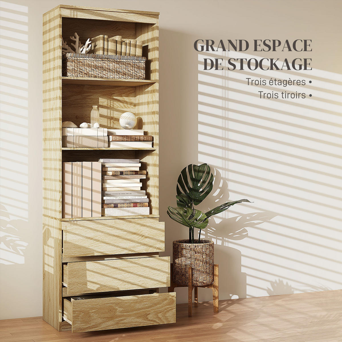 AKTENREGAL DE-14433 180 cm, 3 Böden und 3 Schubladen Holzoptik - Naturfarben, Holzwerkstoff (35/180/60cm) - ComfortXL