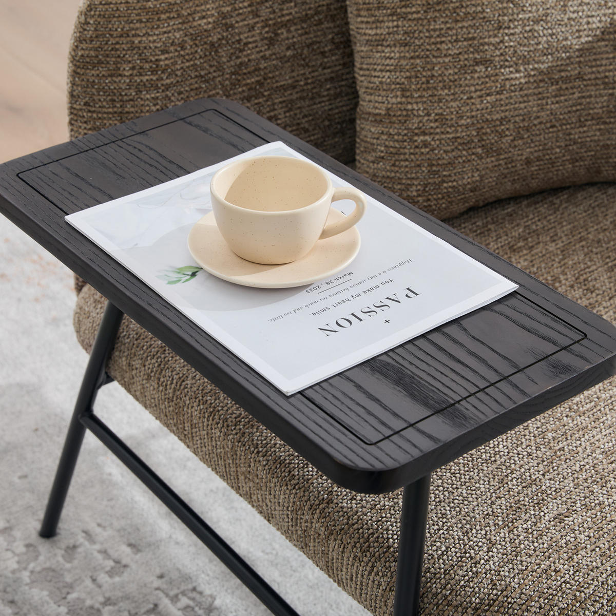 SESSEL mit Beistelltisch und Seitentaschen, Polstersessel Wohnzimmer, Khaki - Cappuccino, Textil (64/71/64cm) - PARAFTA HOME