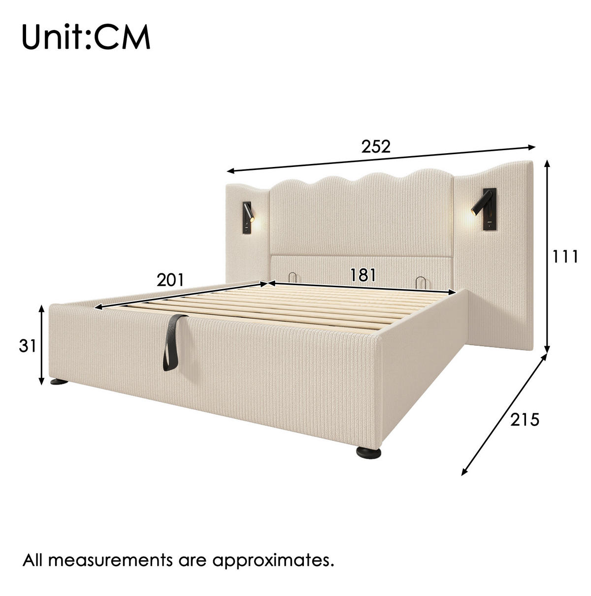 POLSTERBETT 180/200 cm Beige-Weiß aus Cordstoff mit Stauraum - Beige, Leder (180/200cm) - OKMYHOME