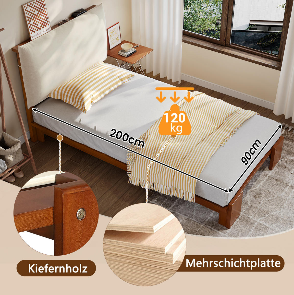 POLSTERBETT 90/200 cm mit gepolstertem Kopfteil in Dunkelbraun - Braun, Textil (90/200cm) - BEAOK
