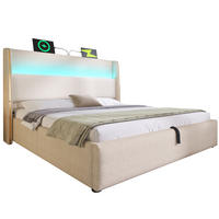 BETT mit LED, Stauraum & USB/Type-C 160x200 cm Leinen Beige inkl. Matratze - Beige, Metall (160/200cm) - Meubliv