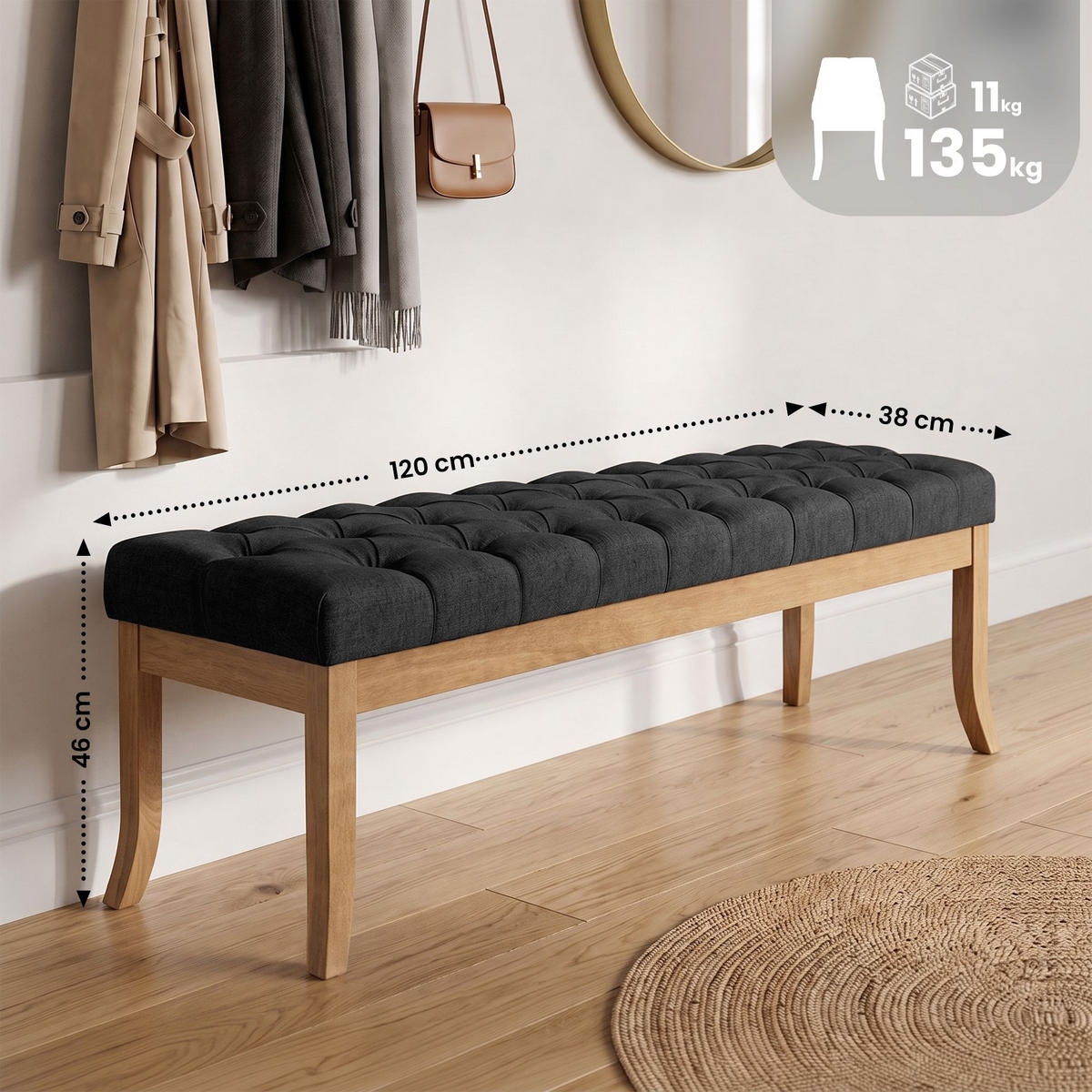 SITZBANK 120/38 cm Stoff dunkelgrau - Dunkelgrau/Naturfarben, Holz/Textil (120/46/38cm) - CLP