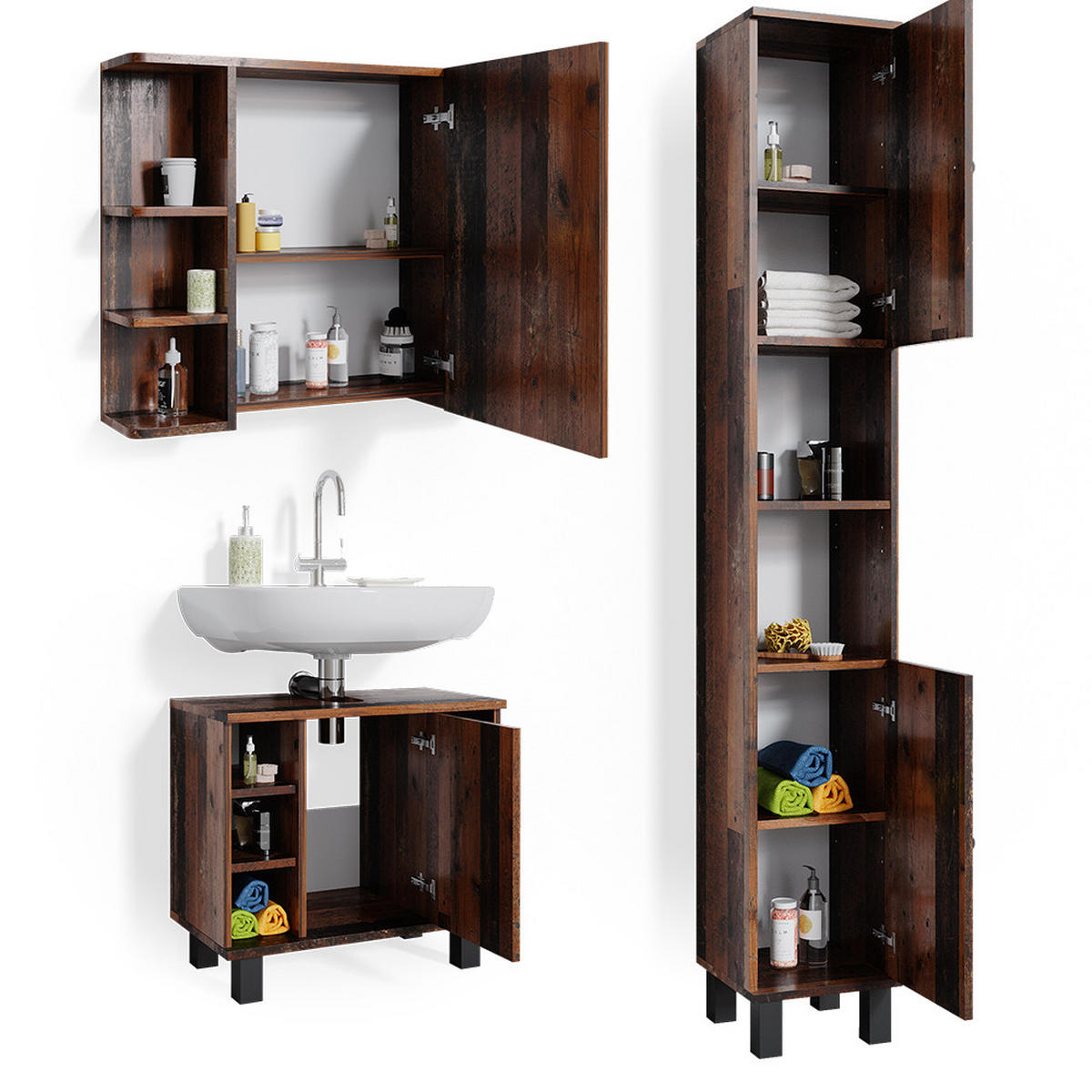 BADMÖBEL-SET Fynn Eiche rustikal 3 Teile, mit Hochschrank - Wildeiche, Holzwerkstoff (60/54/32cm) - Vicco