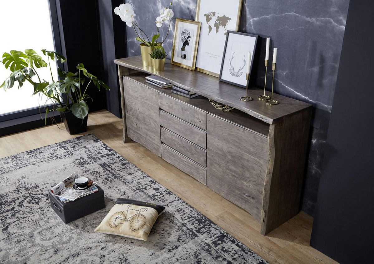 SIDEBOARD Akazie210x45x96 grau lackiert PURE ACACIA #901 - Grau, Holz (210/96/45cm) - Massivmoebel24