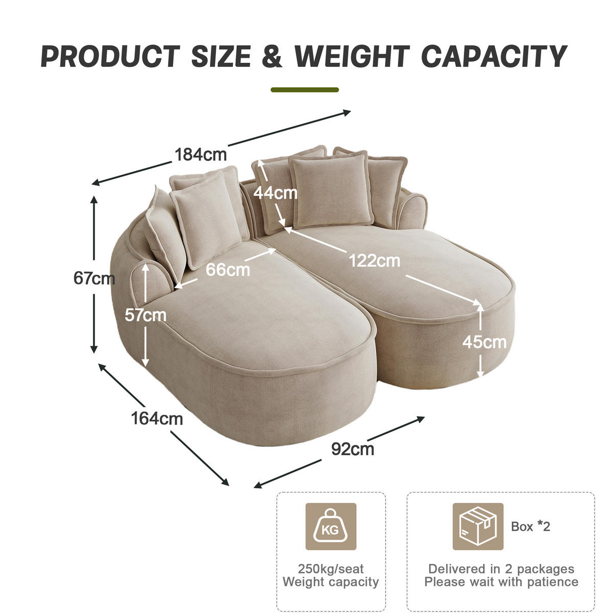 2-SITZER Sofa 184x164x67 cm aus Chenille-Stoff rahmenlos modular, hellbraun - Hellbraun, Textil (164/67/184cm) - Luhomfu