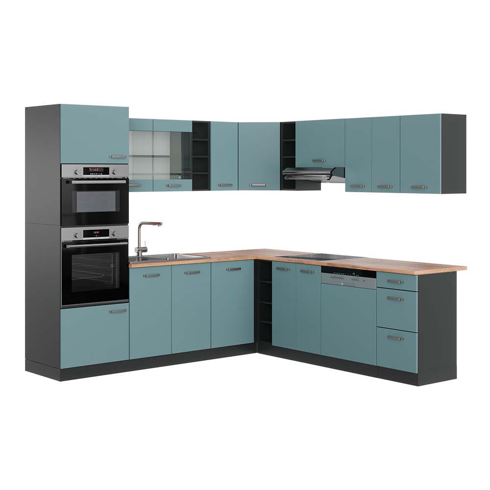 ECKKÜCHE R-Line Blau-Grau/Anthrazit 237 x 247 cm, AP Eiche - Anthrazit/Blaugrau, Holzwerkstoff (247/81.6/60cm) - Vicco