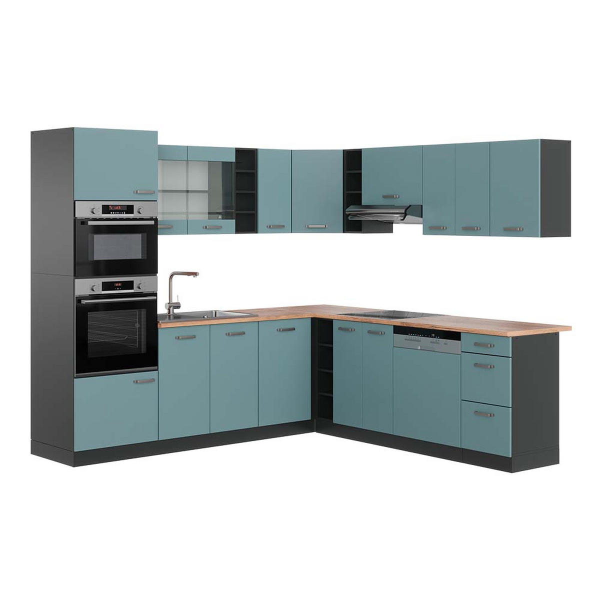 ECKKÜCHE R-Line Blau-Grau/Anthrazit 237 x 247 cm, AP Eiche - Anthrazit/Blaugrau, Holzwerkstoff (247/81.6/60cm) - Vicco