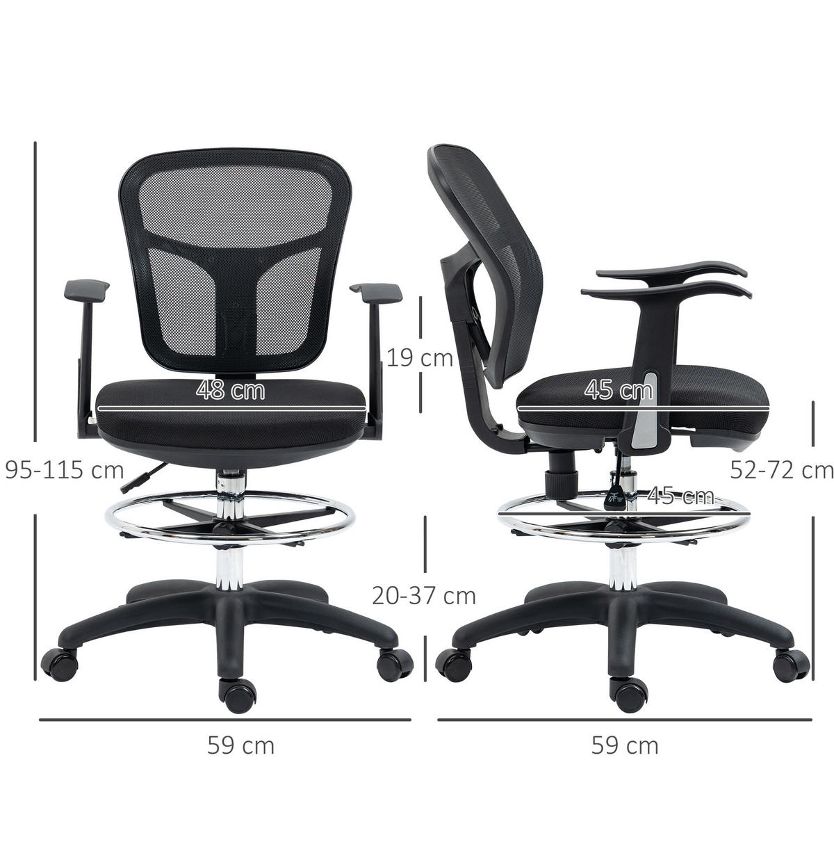 BÜROSTUHL höhenverstellbar 59 x 59 x 95-115 cm Polyester Black - Schwarz, Kunststoff (59/115/59cm) - Meubliv