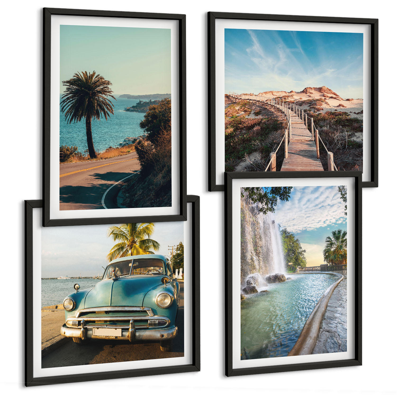 BILDER SET 4er Set - 50x50 cm & 40x60 cm Schwarzer Rahmen - Urlaub Palmen Wasserfall - Schwarz, Kunststoff (50/50cm) - TULUP