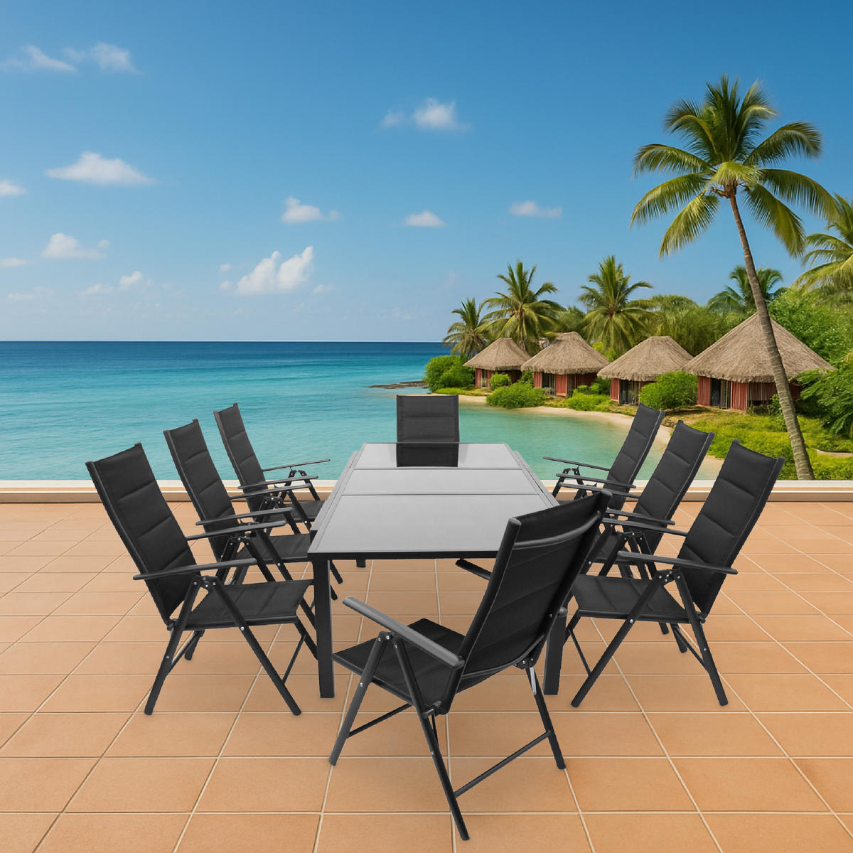 GARTEN-GARNITUR Ashford - 9-teilige Garten-Essgruppe (8x Klappsessel, Aluminium dunkelgrau + Textilgewebe gepolstert schwarz - Schwarz, Metall - TPFGarden