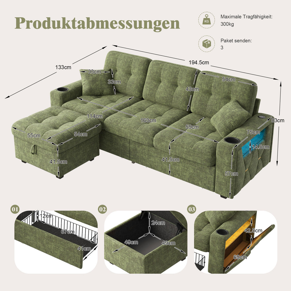 BIGSOFA mit Stauraum-Hocker, USB-C, LED und Getränkehaltern aus Chenille - Grün, Textil (194.5/83/133cm) - EVRYAE