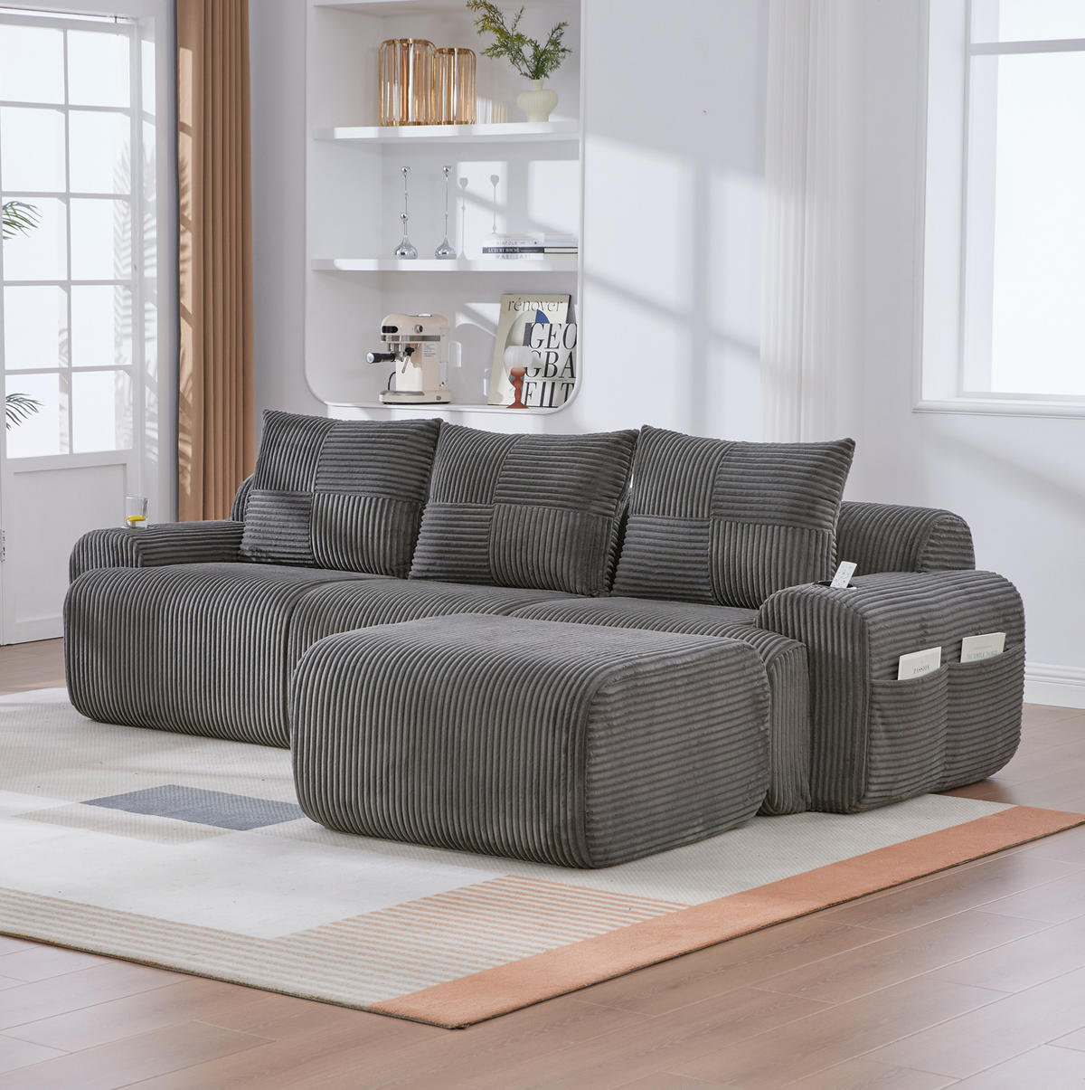 SOFA modular 268 x 174 x 80 cm Corduroy Dark Gray 3-Sitzer - Dunkelgrau, Kunststoff (174/268.1cm) - Meubliv