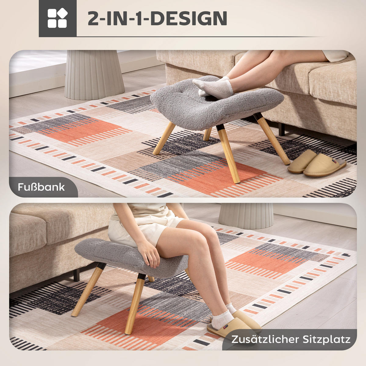 FUSSHOCKER DE-07157 ergonomisch, Berberfleece, Holzbeine Hellgrau - Hellgrau, Holz/Textil (45/38/67cm) - ComfortXL