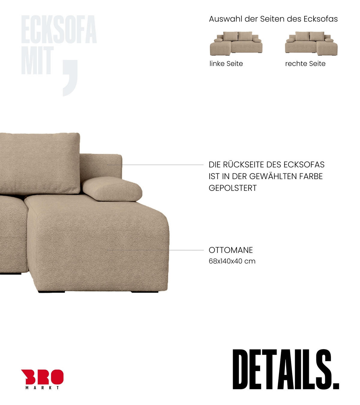 ECKSOFA Ernest mit Schlaffunktion Beige Bouclé - Beige, Textil (200/145cm) - Bromarkt