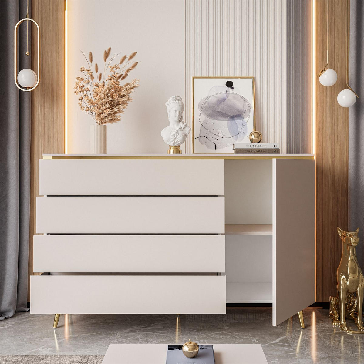 KOMMODE AURORA 4S1D Kaschmir mit schräge Goldchrom Fuße - Kaschmir/Goldfarben, Holzwerkstoff/Metall (140/90/40cm) - Lookway