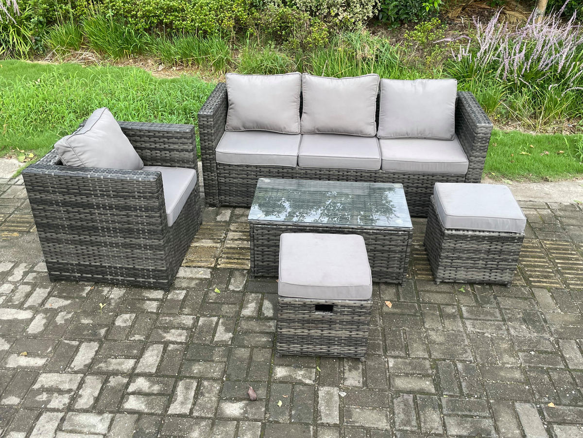 GARTENSOFA SET Polyrattan Dunkelgrau 6-Sitzer - Dunkelgrau, Metall - Fimous