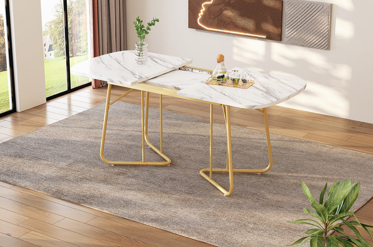 ESSTISCH 140-180x80 cm in Weiß aus MDF mit Marmoroptik und vergoldeten Metallbeinen, erweiterbar - Weiß, Holzwerkstoff (80/180/75cm) - Modfu