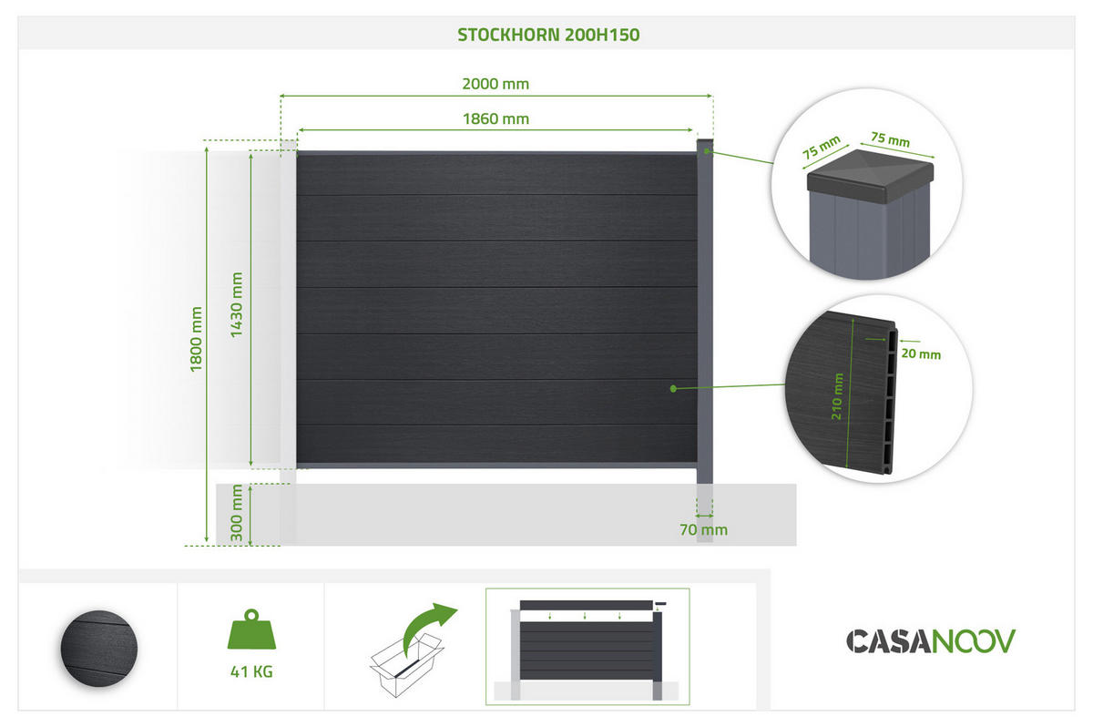 ERWEITERUNGSSET für Verbundzaun 2 m STOCKHORN, H. 150 cm, zum Einbetonieren, grau - Grau, Holzwerkstoff (200/150cm) - Casanoov