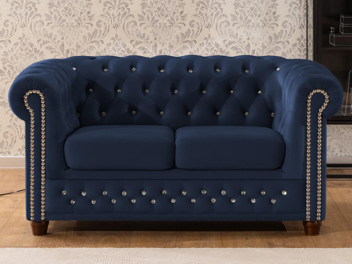 CHESTERFIELD-SOFA 2-sitzer Cleo Blink Marineblau Samt mit Kristallsteppung und braunen Massivholzfüßen - Blau/Braun, Holz/Textil (148/72/86cm) - S-Style Möbel