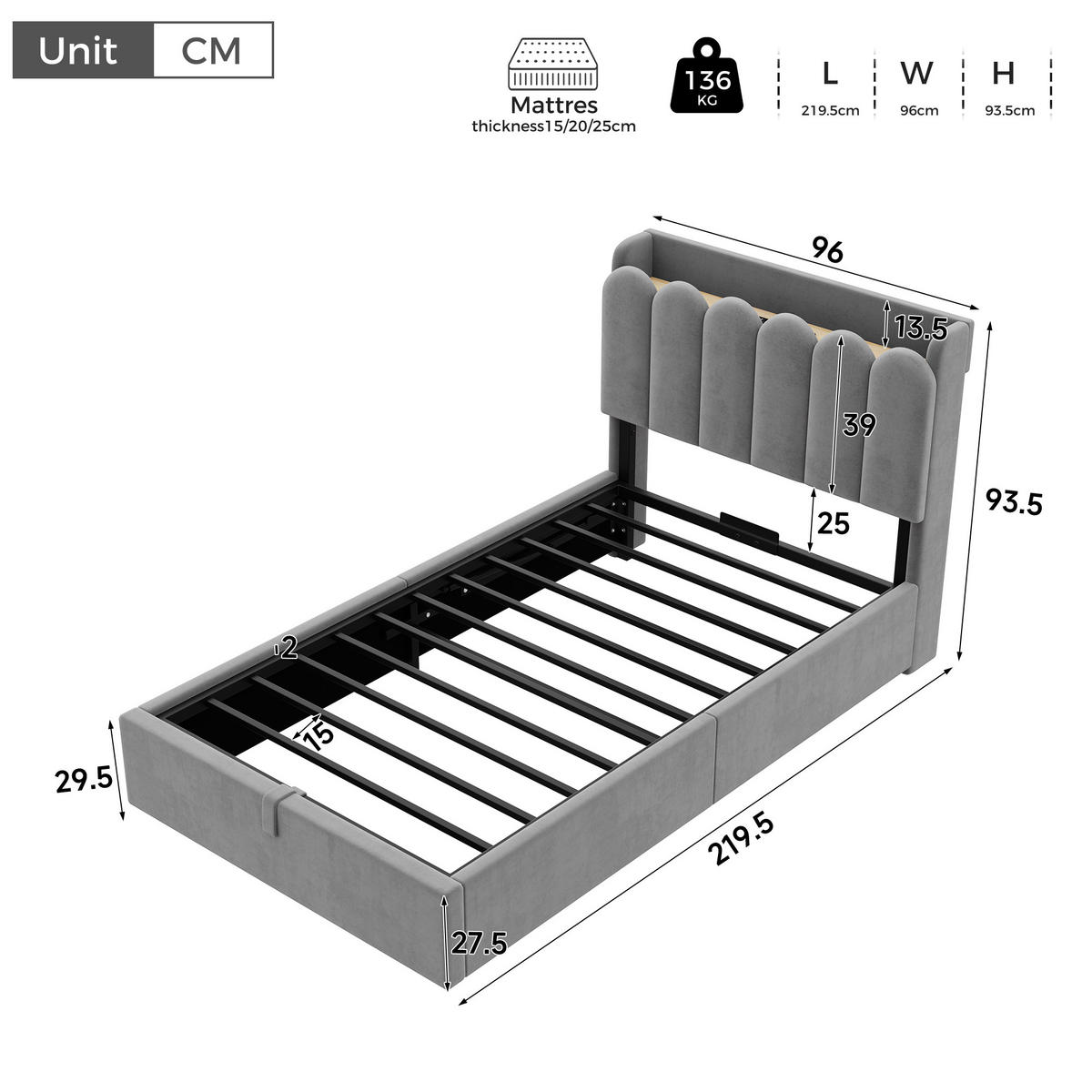POLSTERBETT 90/200 cm in Grau mit Bettkasten, Kopfteil, USB-, Type-C-Ladestation und Leselampe aus Samt - Grau, Holzwerkstoff/Textil (90/200cm) - STILVORA