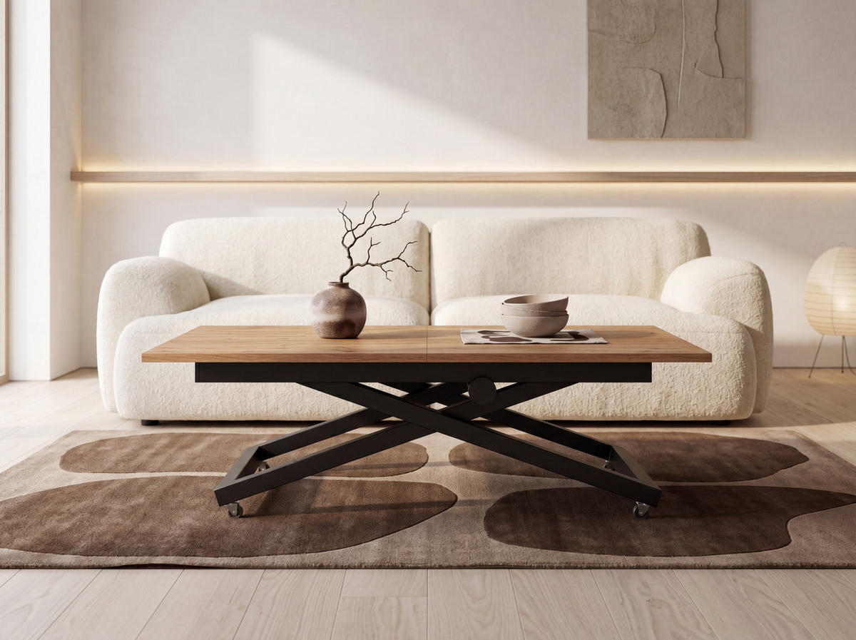 COUCHTISCH Axen höhenverstellbar ausziehbar, Eiche Braun 120-160/80/38-75 cm - Eiche Wotan/Schwarz, Holzwerkstoff/Metall (80/160/75cm) - WFL GROUP