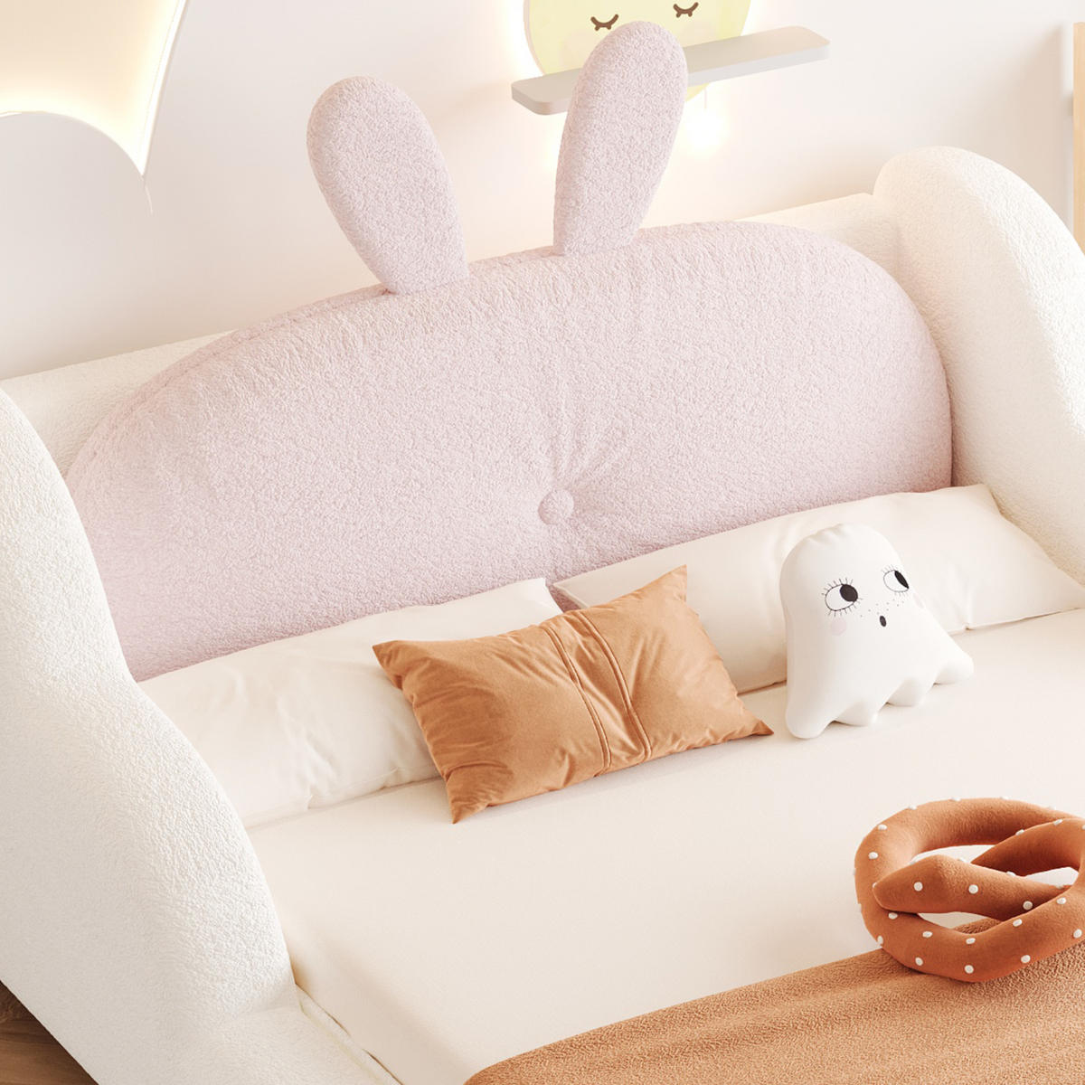 KINDERBETT 90/200 cm in Weiß Teddyplüsch mit Hasenkissen und Wolkenleisten - Weiß, Holzwerkstoff/Textil (90/200cm) - WISHDOR