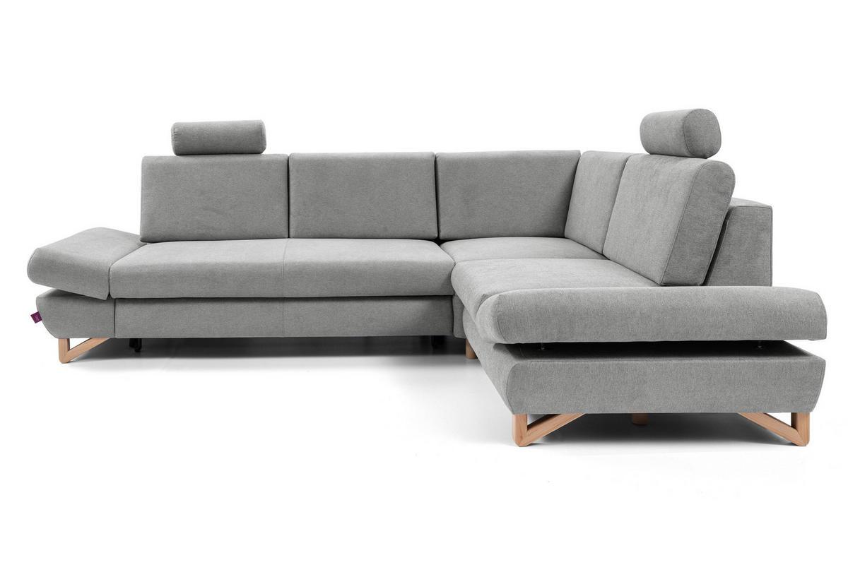 ECKSOFA CASA II R-S Grau Plüsch-Stoff mit Schlaffunktion - Grau, Holz (272/199cm) - MASSENO
