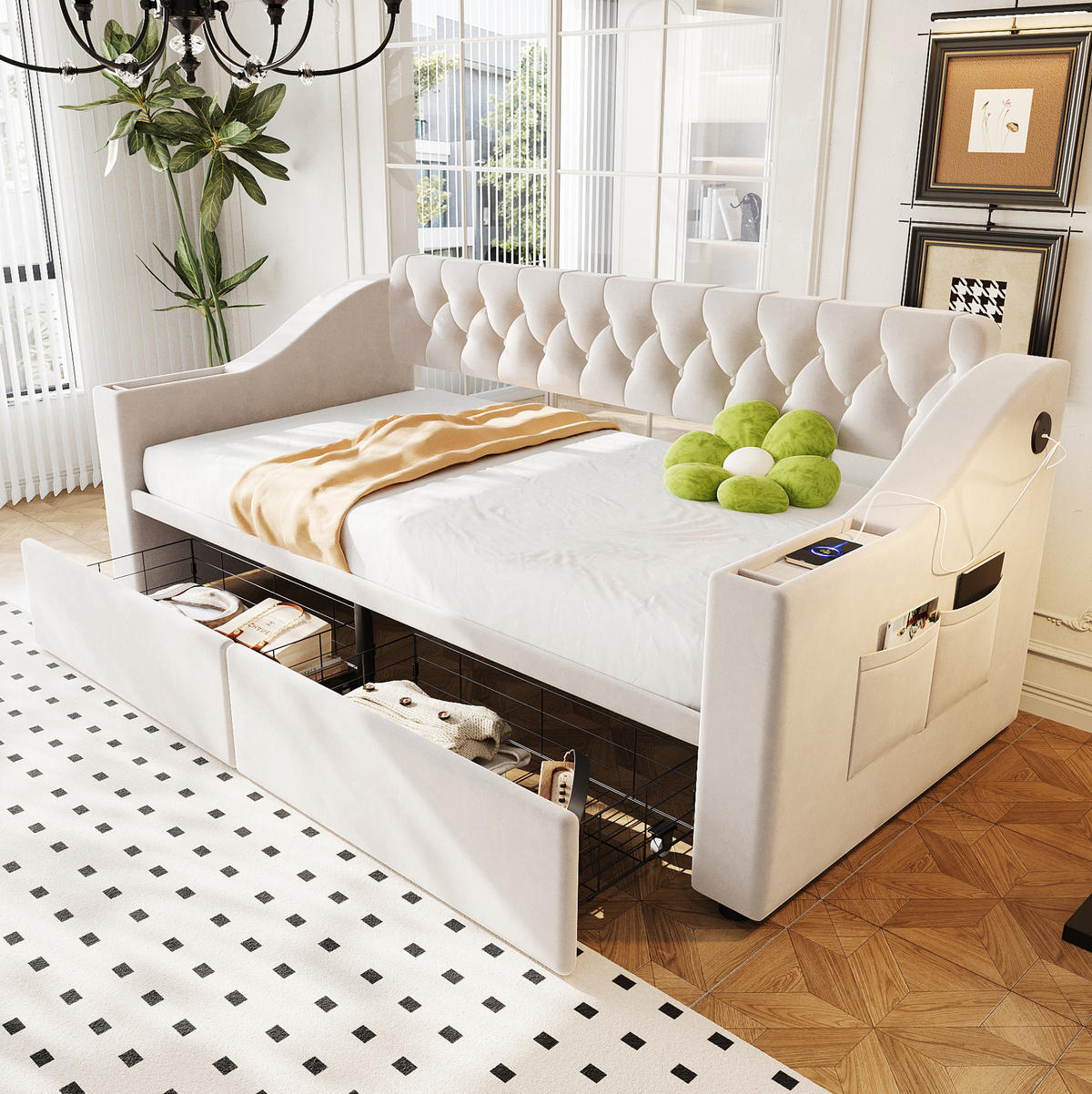 POLSTERBETT 90/190 cm Beige mit USB, Lattenrost und Stauraum - Beige, Textil (90/190cm) - MIVRAY