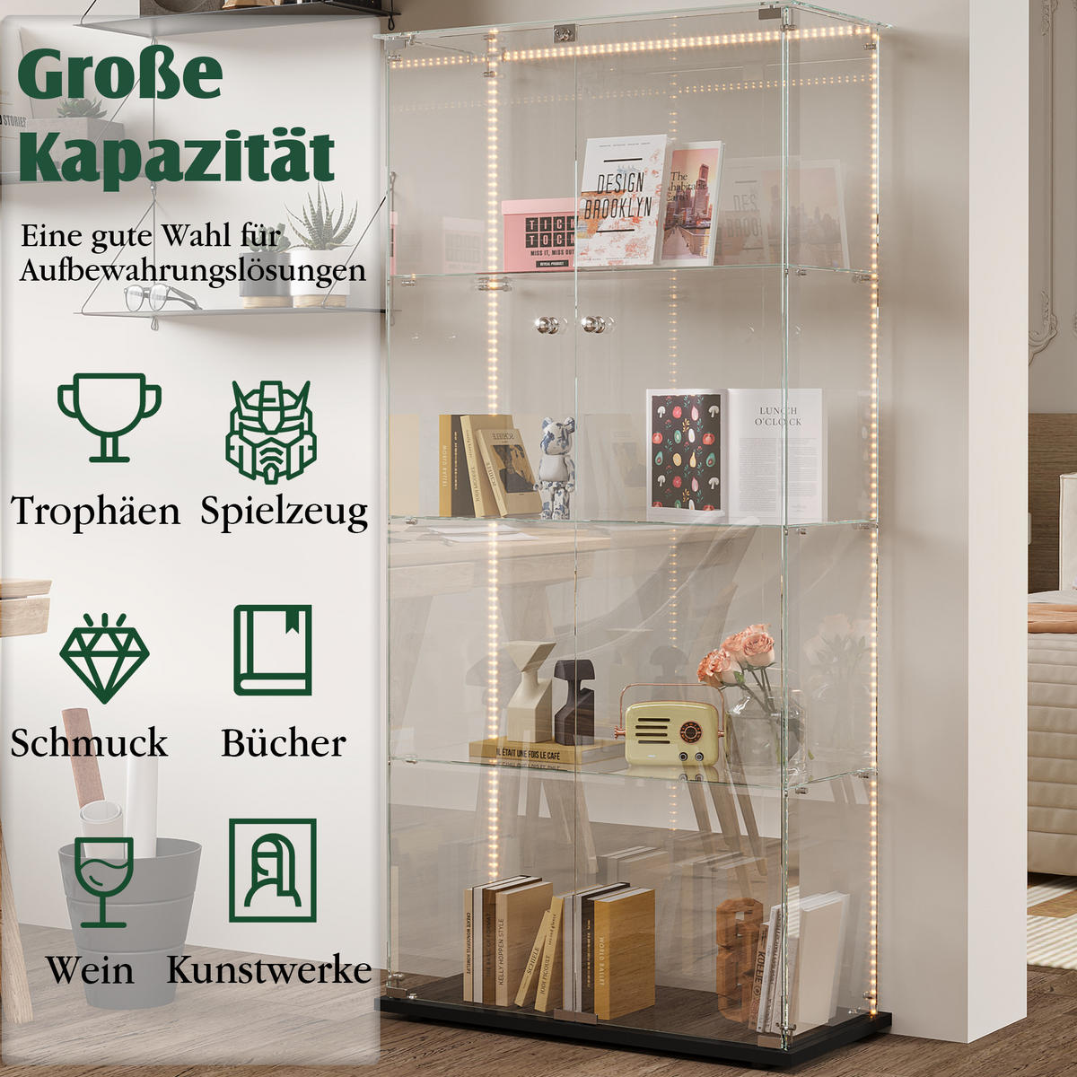 VITRINE Glas LED, 4 Einlegeböden, Doppeltür, Schwarz - Schwarz, Holz (35/163/78.5cm)