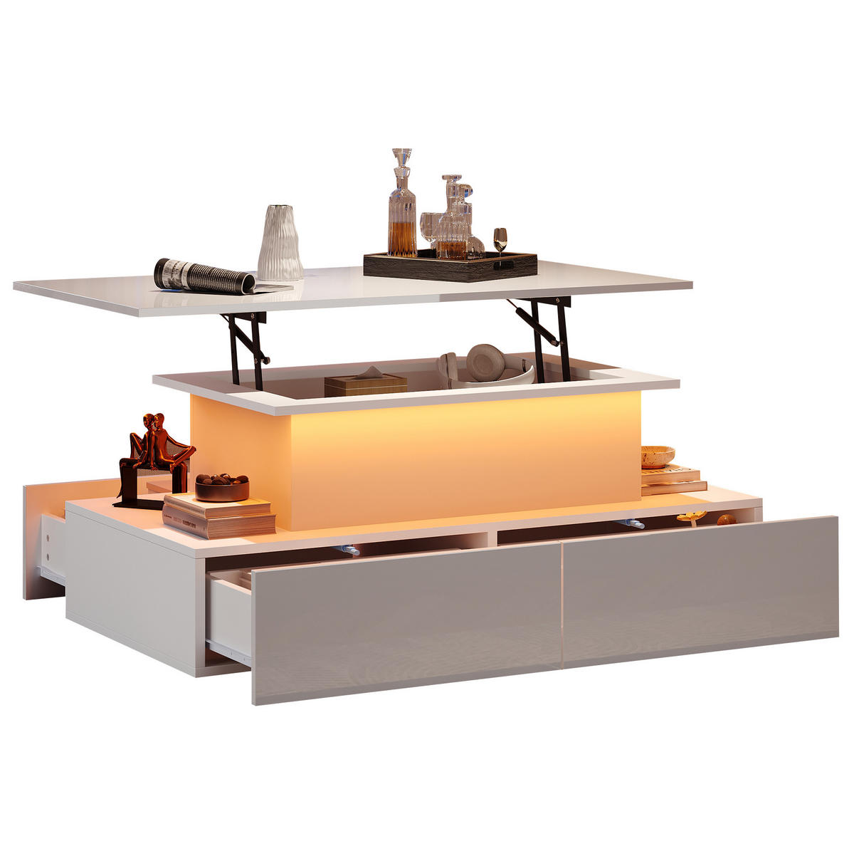 COUCHTISCH 90/55/41 cm in Weiß Hochglanz mit LED-Beleuchtung und 4 Schubladen - Weiß, Holzwerkstoff (90/55/41cm) - Flora Grace