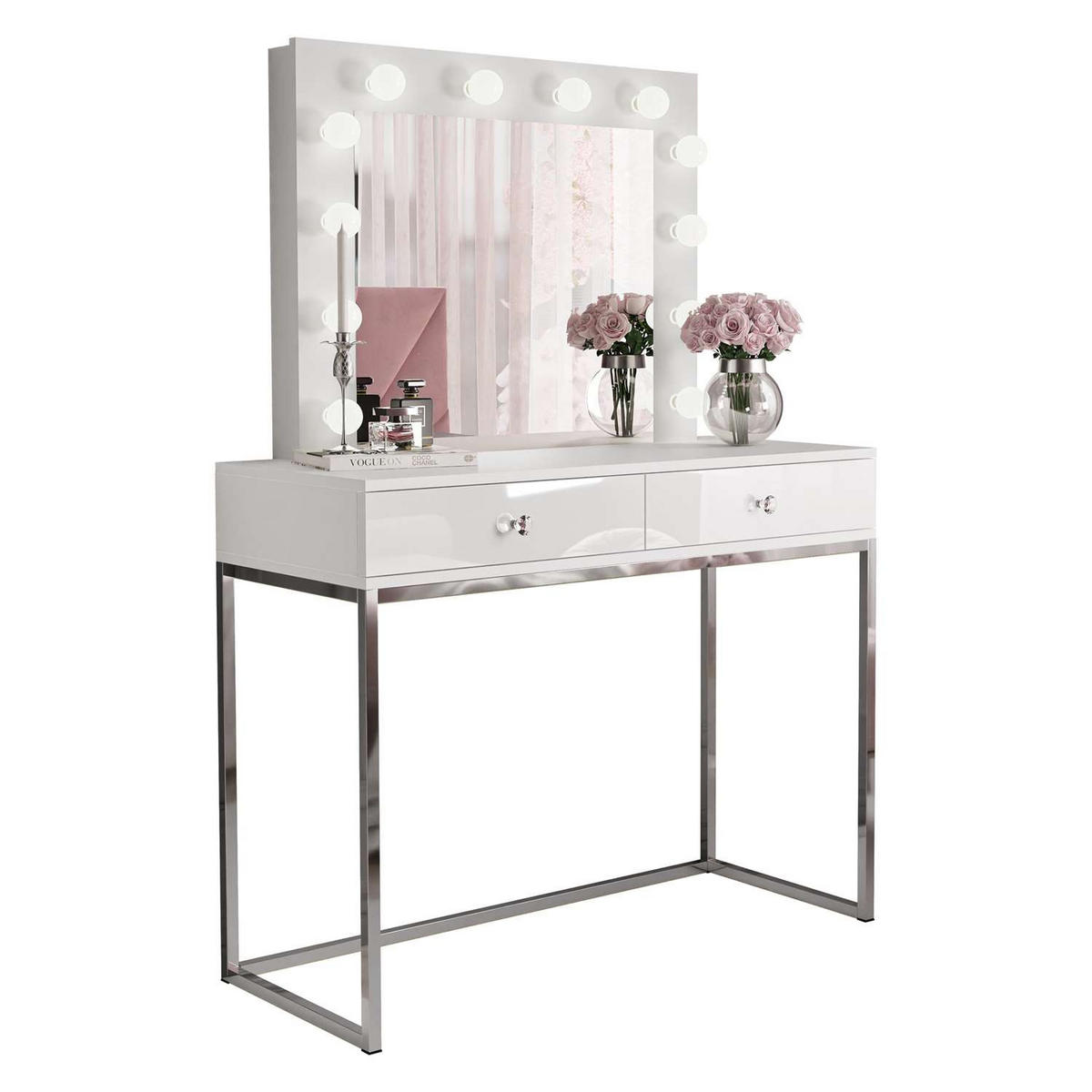 SCHMINKTISCH BLANCO GLAMOUR mit Spiegel und Beleuchtung Weiß Hochglanz Kristallgriff - Weiß Hochglanz/Silberfarben, Holzwerkstoff (100/146/42cm) - Lookway