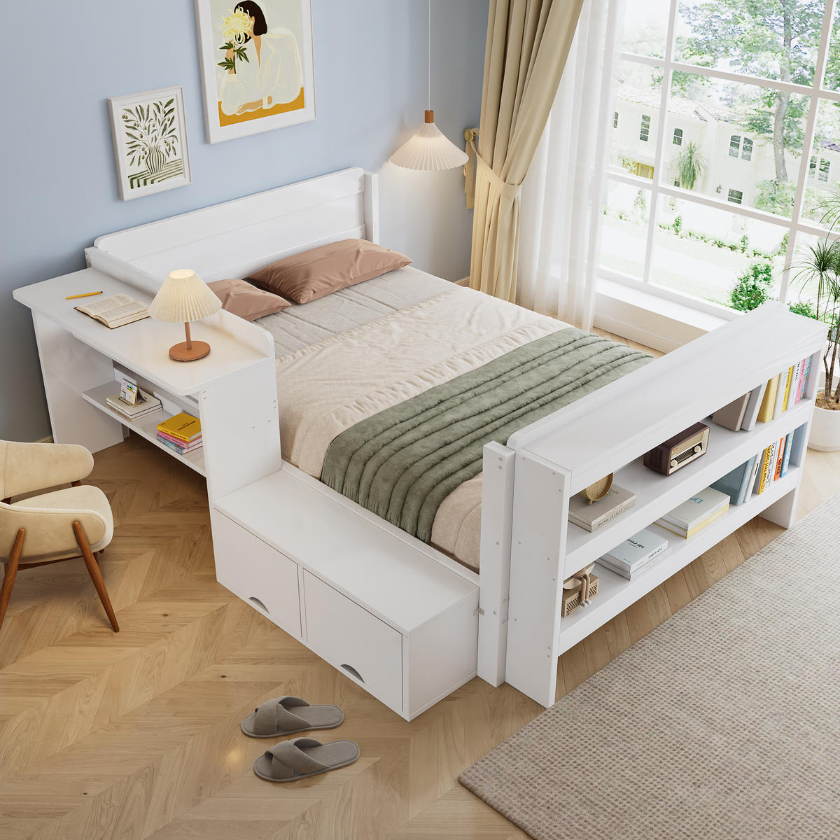 STAURAUMBETT 120/200 cm mit Schreibtisch, DE-41759, in Weiß - Weiß, Holzwerkstoff (120/200cm) - ComfortXL