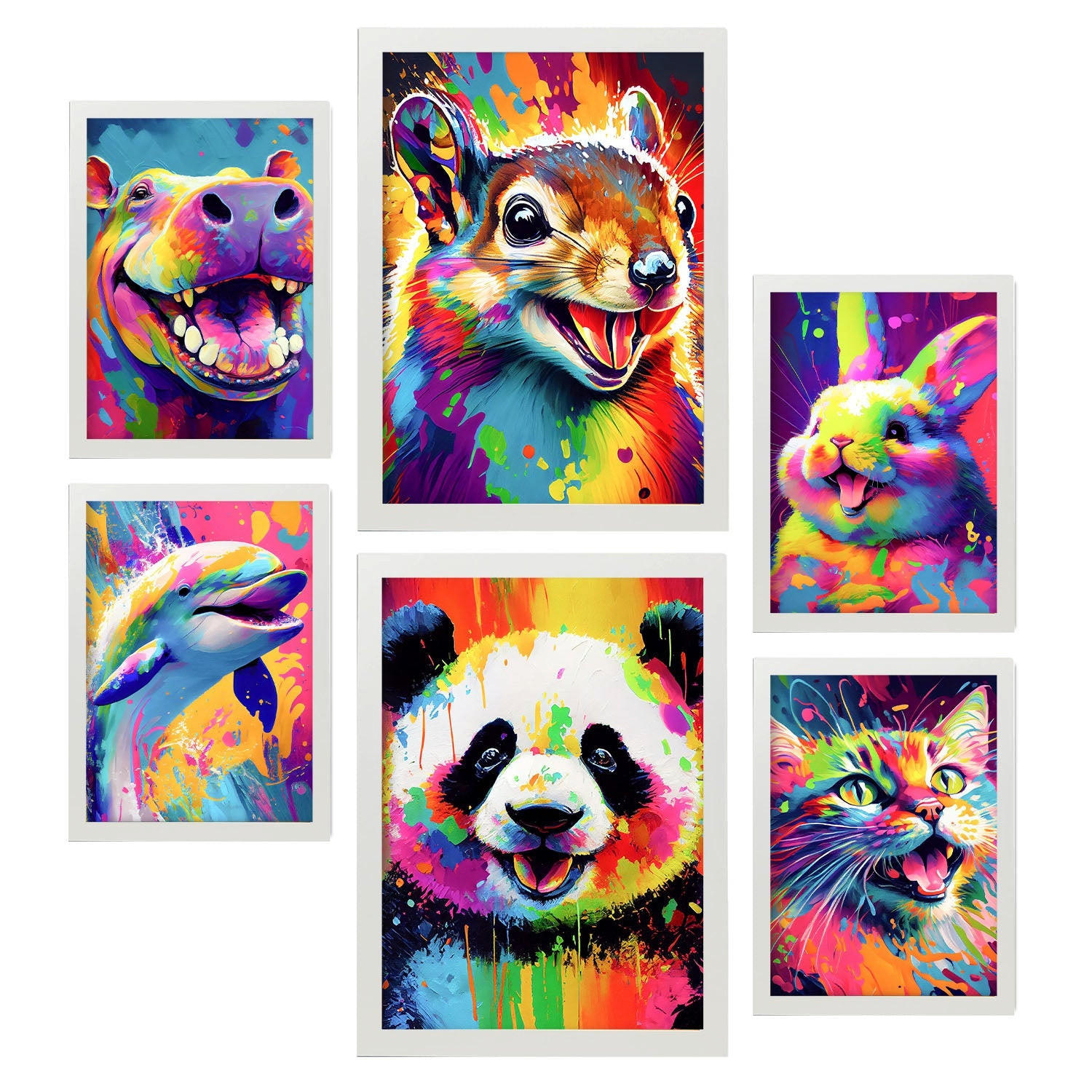 POSTER Set Mit 6 Entzückende Tiere Im Hochformat Lebhafte Aquarell Stil Illustrationen Von Lächelnde Tiere Innenarchitektur A3 & A4 Weißer Rahmen - Weiß, Papier (29/3cm) - Nacnic