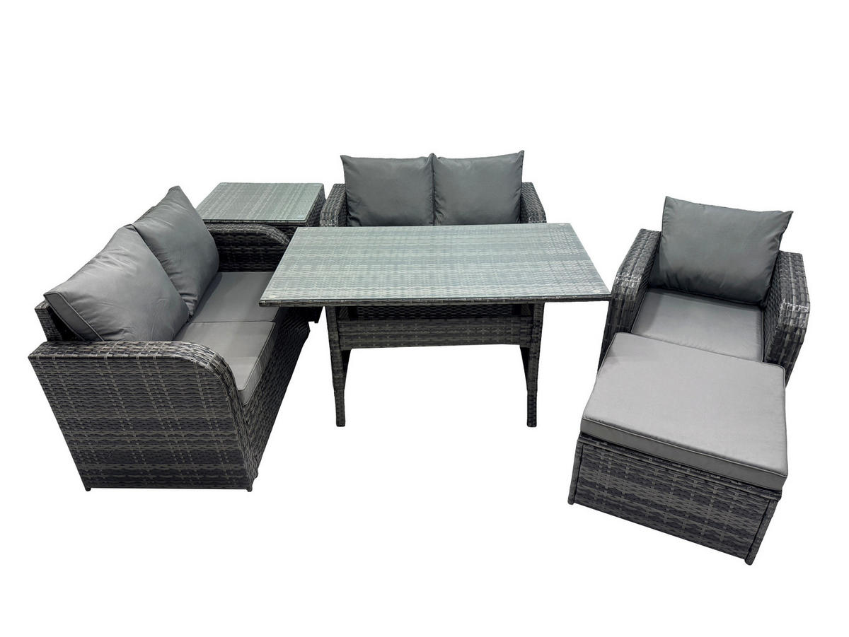 Gartenmöbelset mit Esstisch,Hocker,Beistelltisch Polyrattan Dunkelgrau 6-Sitzer - Dunkelgrau/Grau, Glas/Kunststoff - Fimous