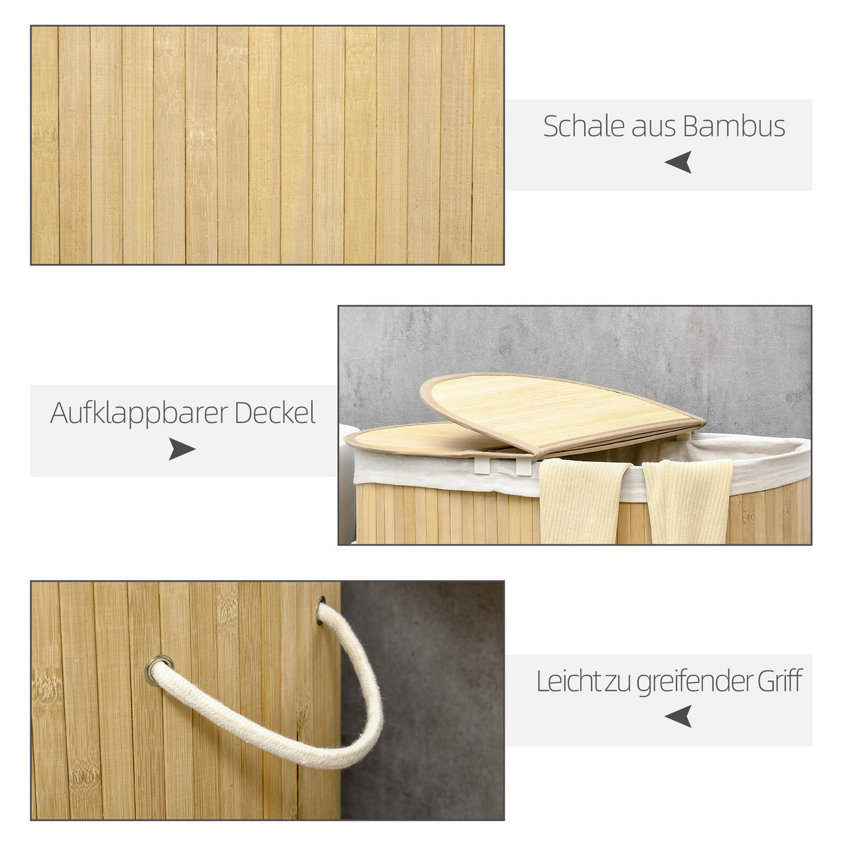 WÄSCHEKORB, Bambus, Polyester, Naturholz - Naturfarben, Naturmaterialien (37/60.5/62.5cm) - HOMCOM