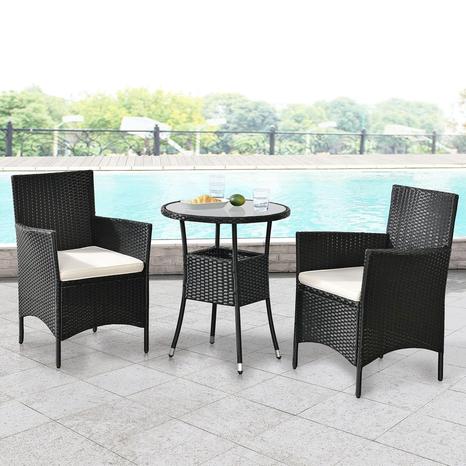 BALKON-SET Bayamo Polyrattan schwarz/beige (3-tlg.) - Schwarz, Kunststoff - Juskys