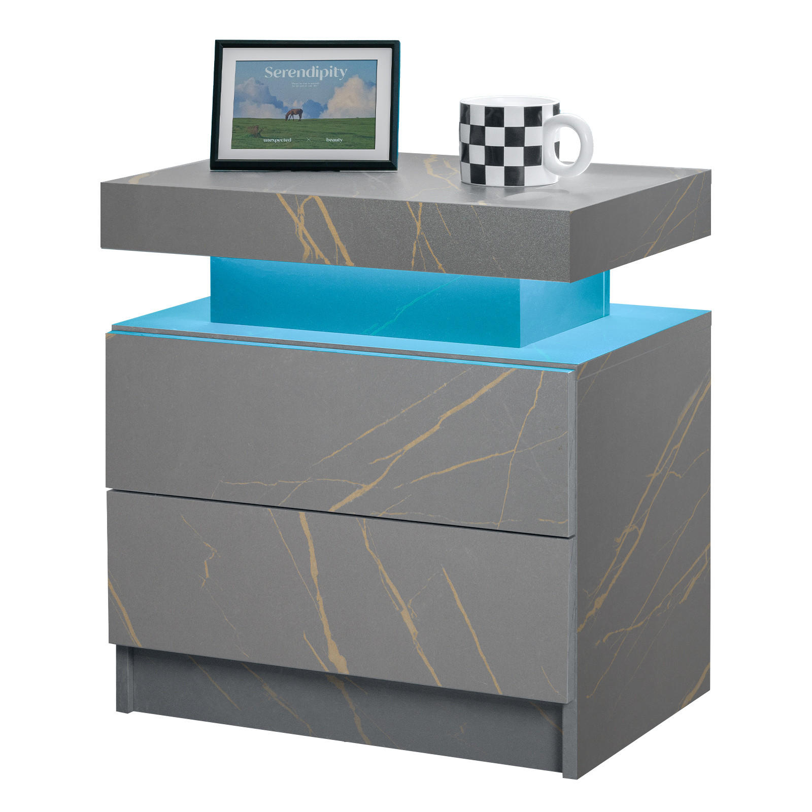 NACHTTISCH 50/53/36 cm Grau und Gold aus Holzwerkstoff mit LED-Beleuchtung und 2 Schubladen - Grau, Holzwerkstoff (53/36/50cm) - OKWISH