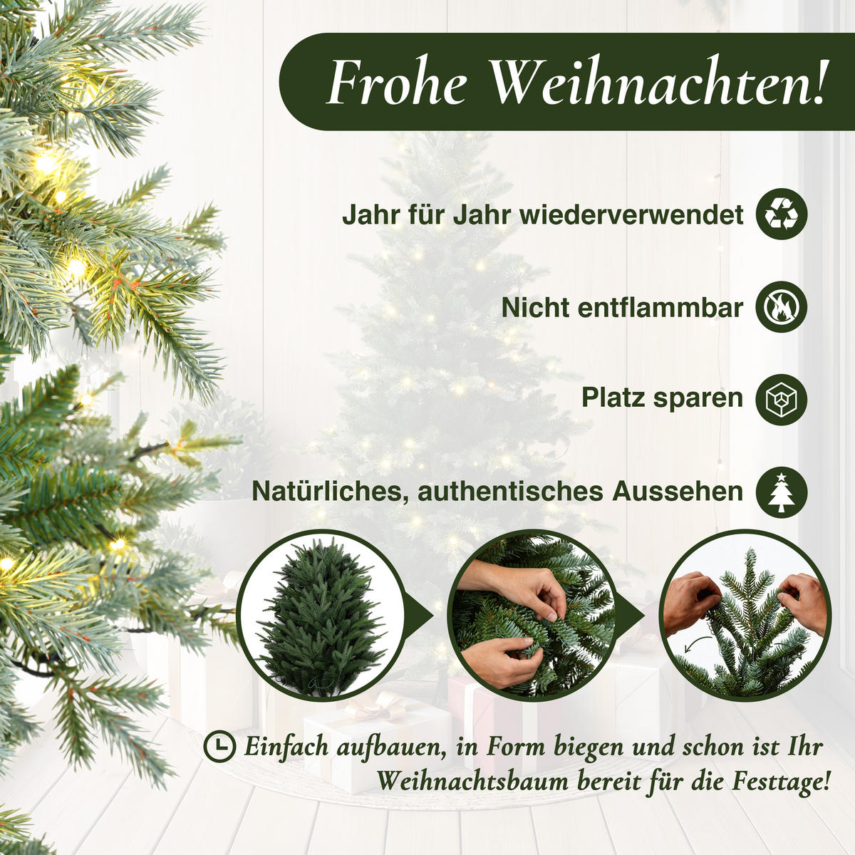 KÜNSTLICHER Weihnachtsbaum 150 cm mit Beleuchtung,8 Lichtmodi - Grün, Kunststoff (100/150/100cm) - Hometopia