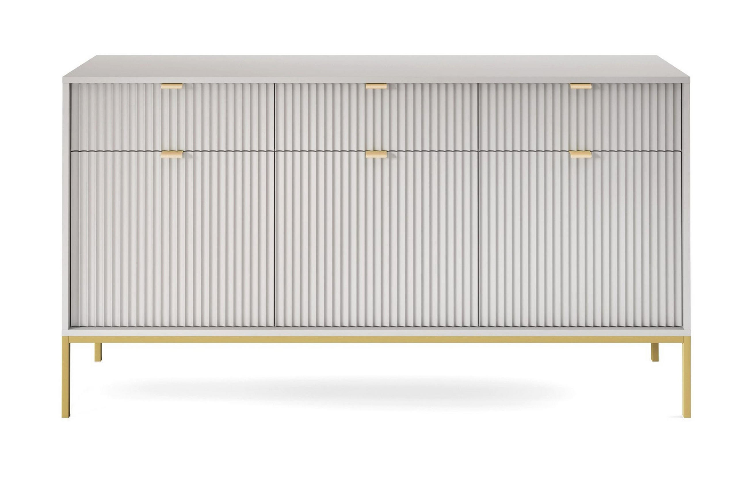 SIDEBOARD Eternas 3T 3S Grau 154/83/39 cm – goldene Füße, mit geriffelten Fronten - Goldfarben/Grau, Holzwerkstoff (154/83/39cm) - AX Living