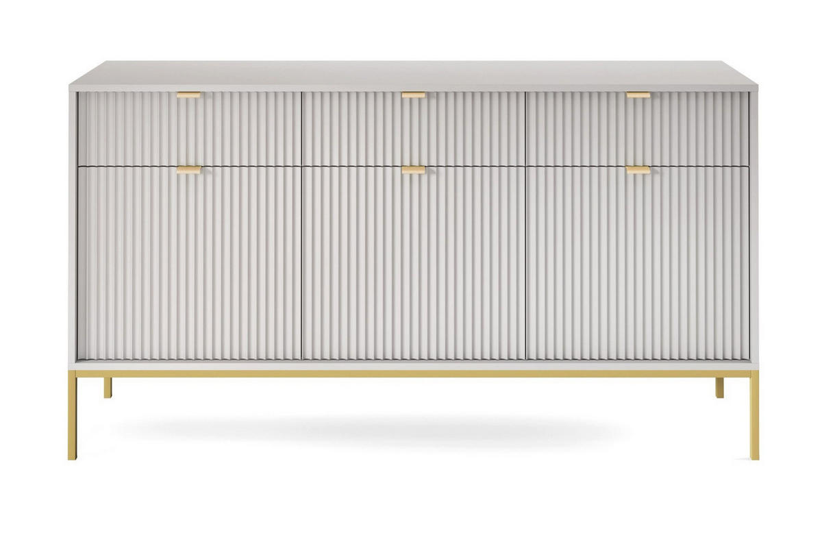 SIDEBOARD Eternas 3T 3S Grau 154/83/39 cm – goldene Füße, mit geriffelten Fronten - Goldfarben/Grau, Holzwerkstoff (154/83/39cm) - AX Living