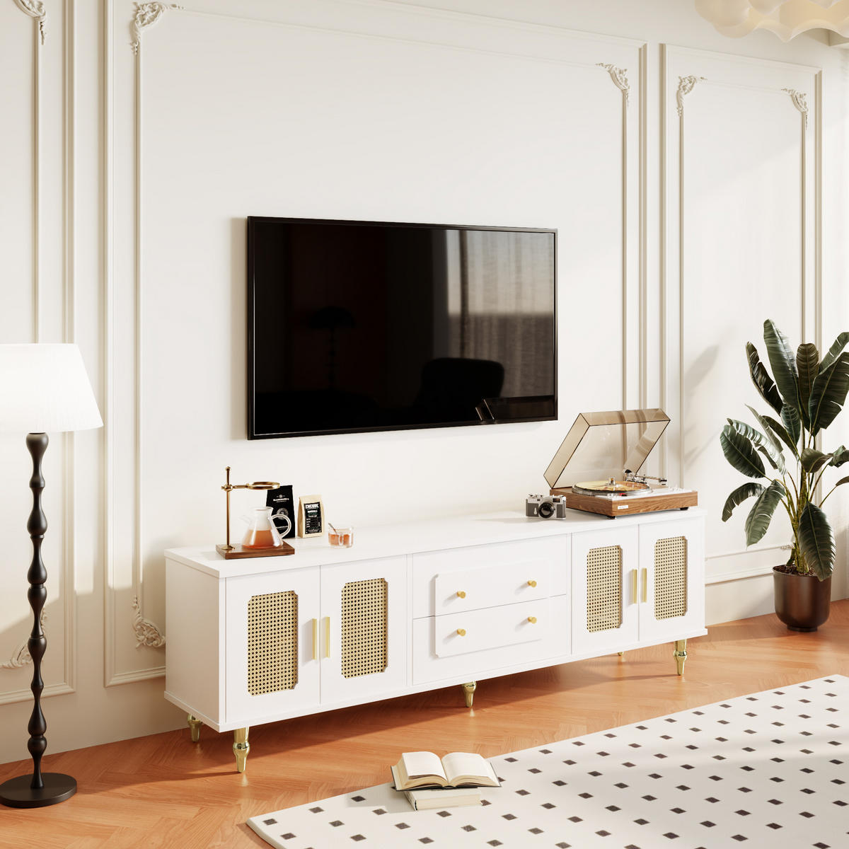 TV-LOWBOARD in Weiß mit Rattantüren und Push-to-Open Schubladen 175/38/55.5 cm - Weiß, Holzwerkstoff (177/55.5/38cm) - Redom