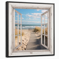 LEINWAND Bilder mit Rahmen - Fenster - Meer - Küste - Natur - Ausblick - Strand - Wattenmeer - 50x50 - Beige, Textil (50/50cm) - MuchoWow