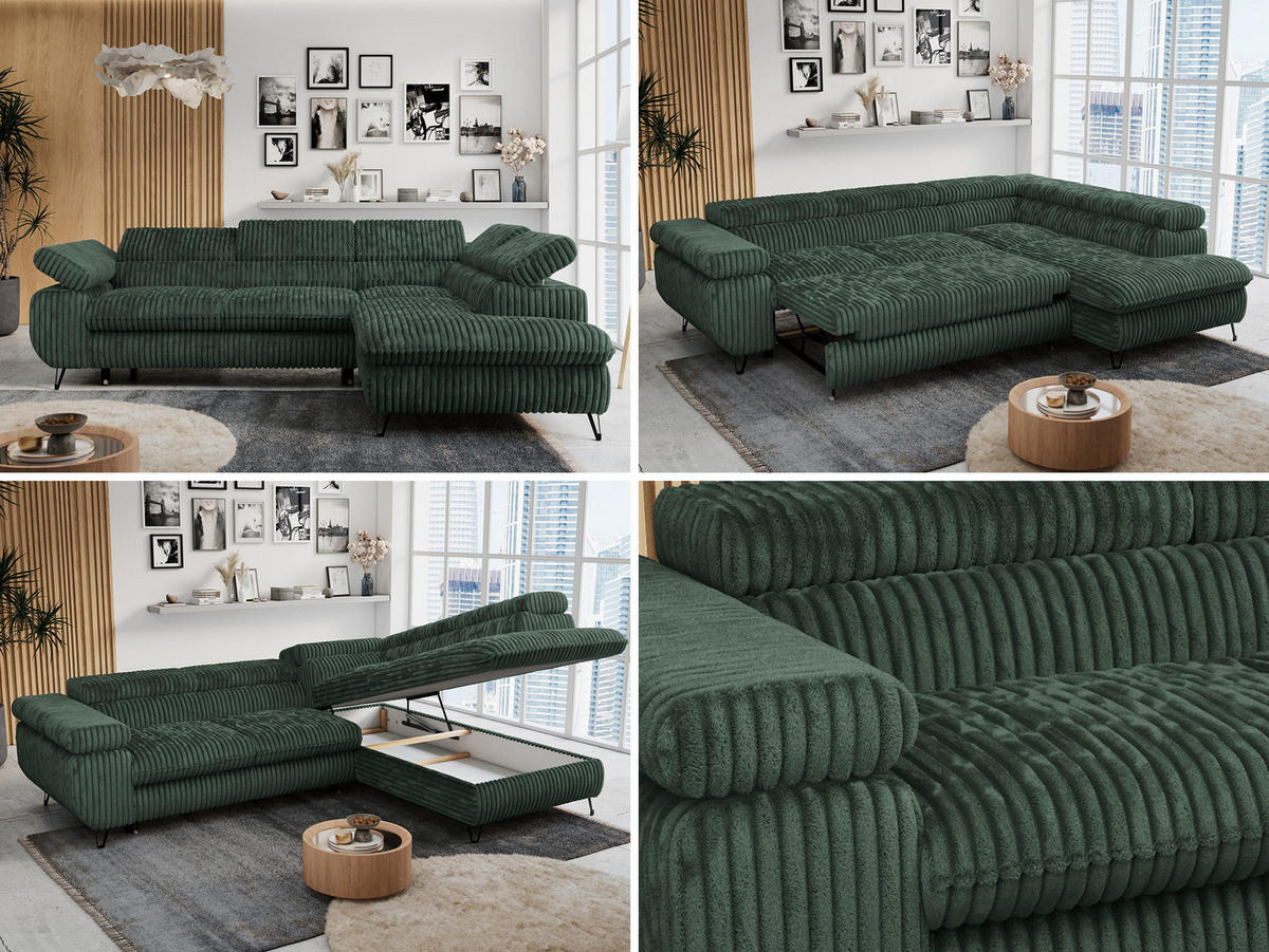 ECKSOFA PETER L Grün Cord - Rechts Seite - Schwarz/Grün, Textil/Metall (273/208cm) - MKS
