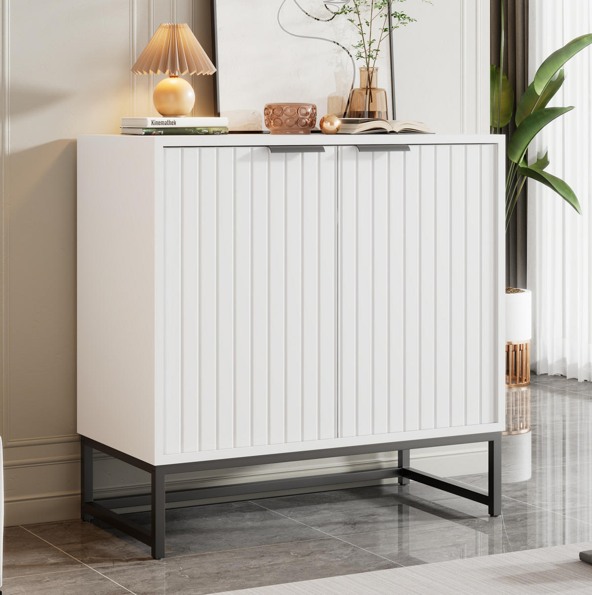 KOMMODE 80/40/80 cm mit 2 Türen und Metallgriffen – weiß - Weiß, Holzwerkstoff (80/80/40cm) - BEAOK