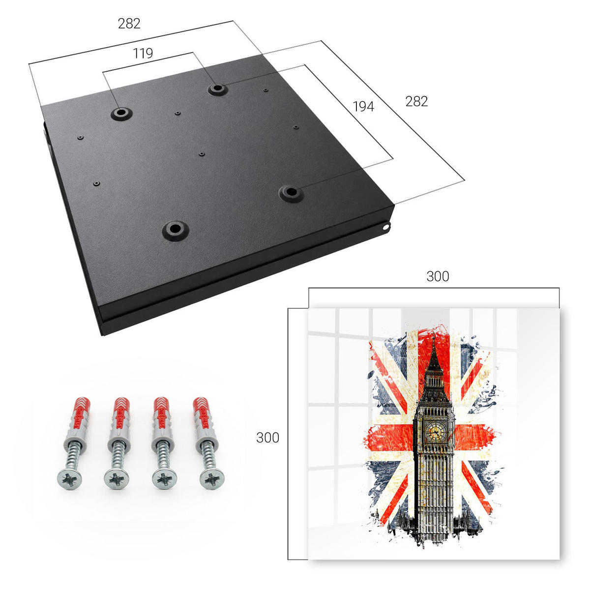 SCHLÜSSELBOX Schwarz 30x30 cm- Türöffnung nach rechts - Britisches Symbol - Rot, Metall (30/30/5cm) - TULUP