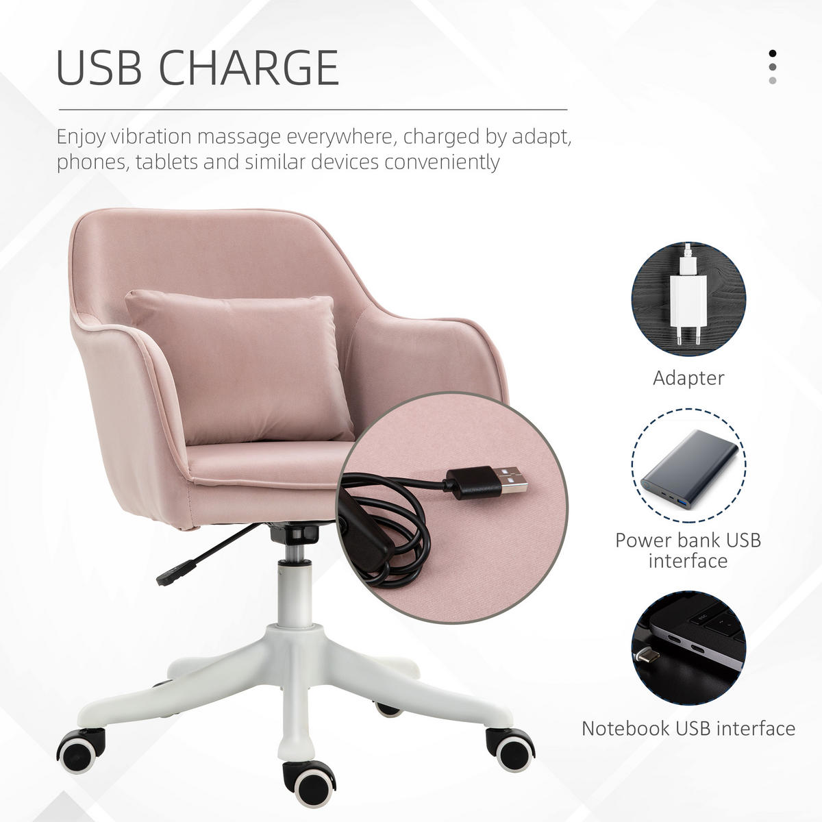 MASSAGE Bürostuhl Drehstuhl Arbeitstuhl mit Vibrationsfunktion Samt Rosa - Rosa, Textil (70/86/57cm) - Vinsetto