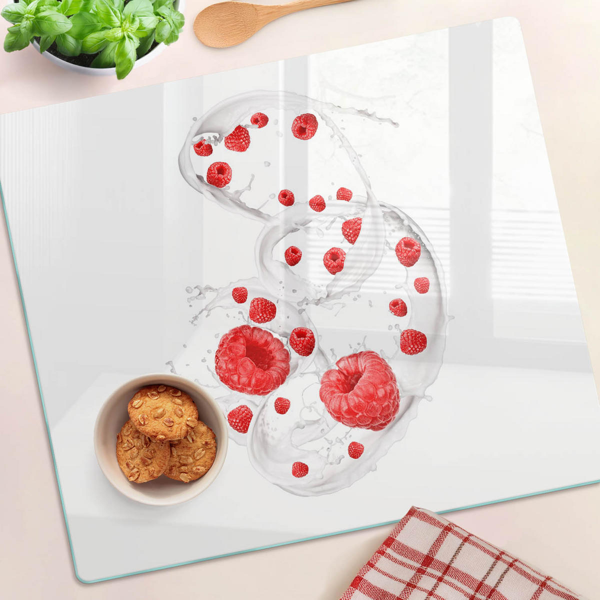 GLASPLATTE 60x52 cm Himbeeren mit Milch - Rot, Glas (60/0.4/52cm) - TULUP
